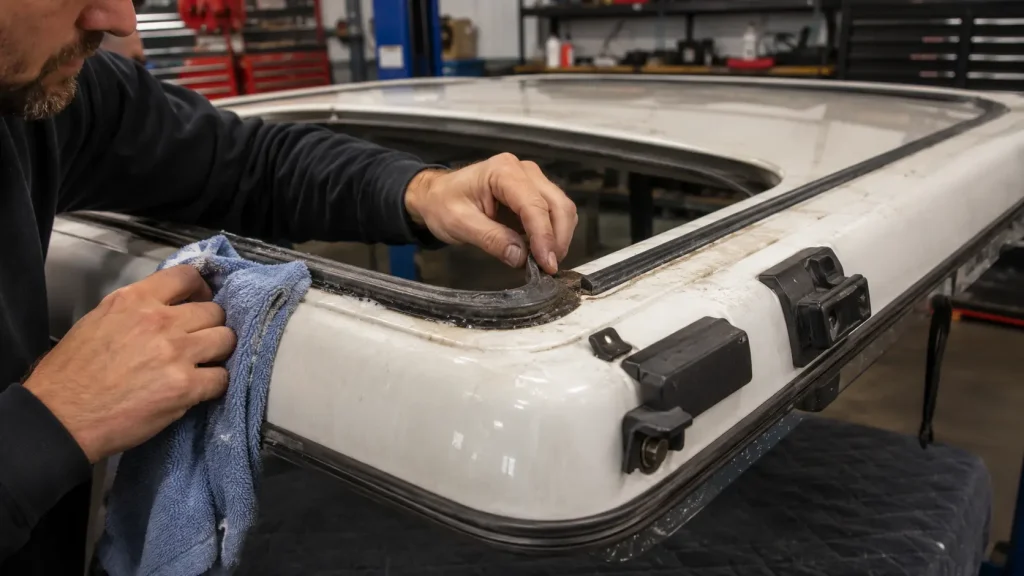 Cleaning vehicle roof in workshop

