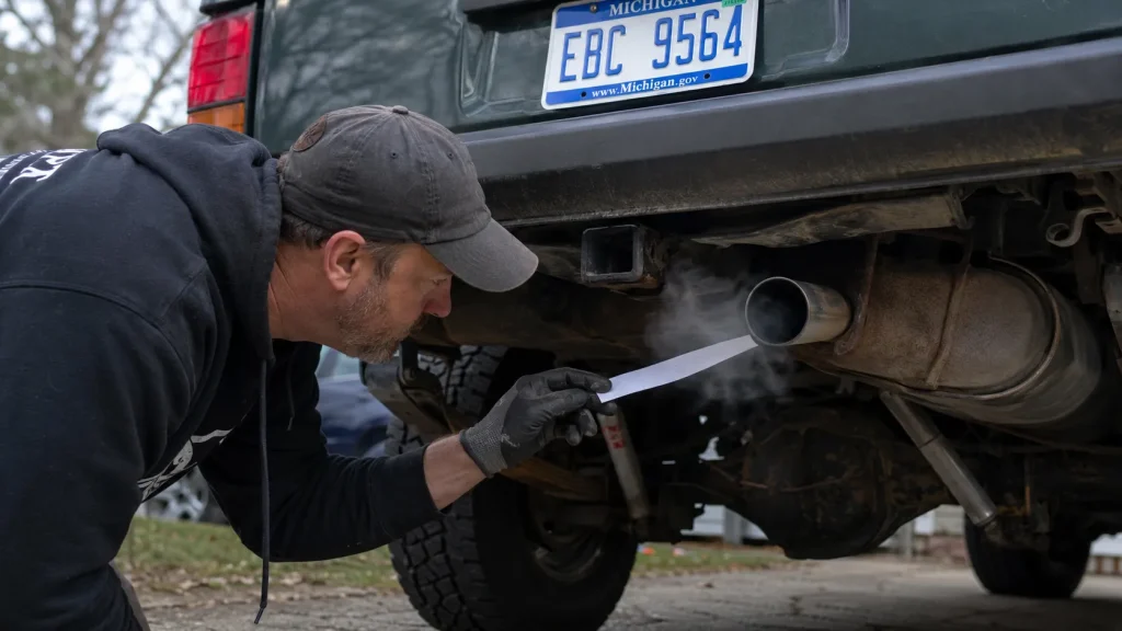 Inspecting the exhaust system outdoors