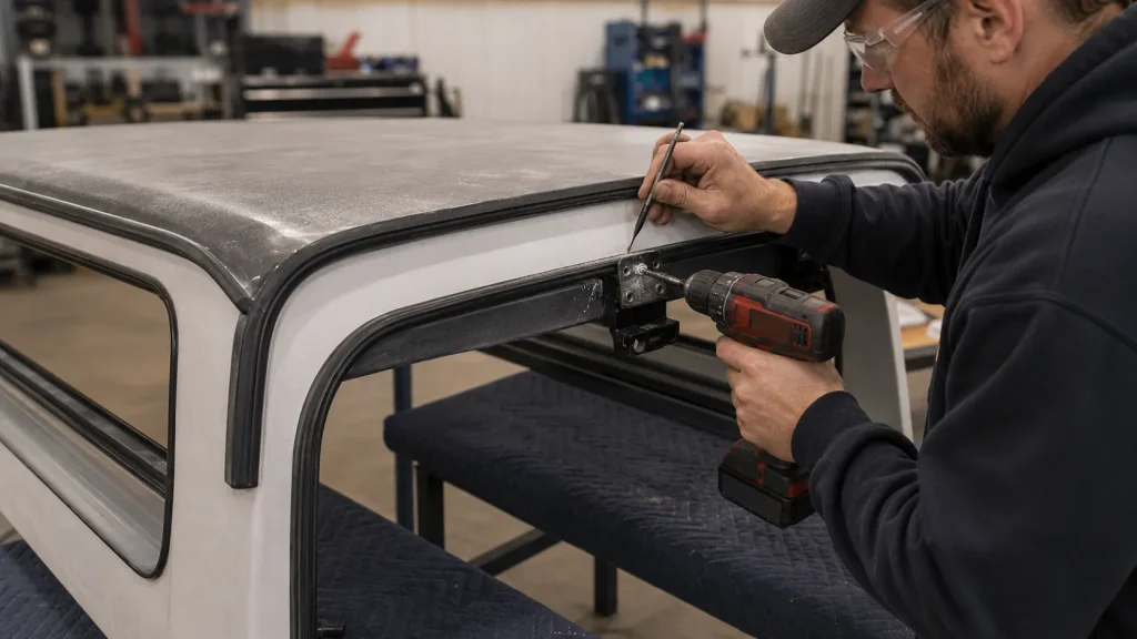Man drilling hardtop in workshop