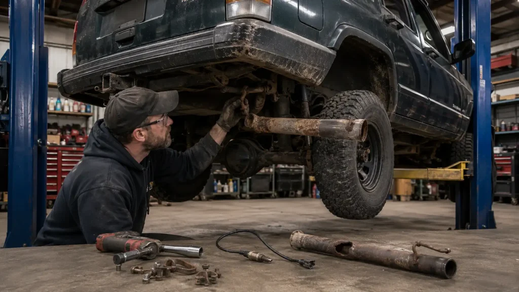 Mechanic working on exhaust in garage