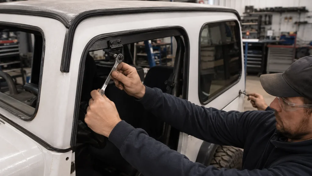 Mechanic working on vehicle in garage