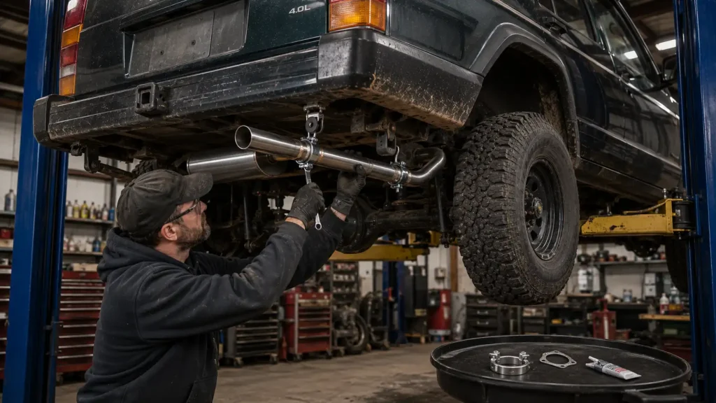 Mechanic working under lifted 4x4 vehicle