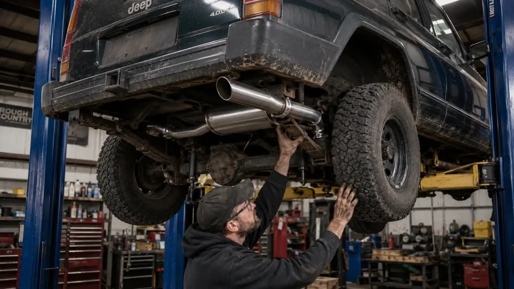 Mechanic working under lifted Jeep