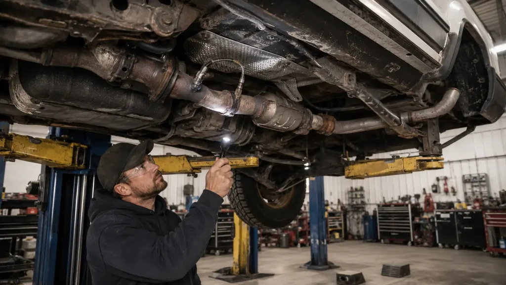 Under car inspection in workshop