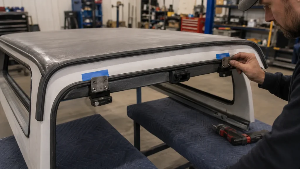 Workshop fitting a truck hardtop


