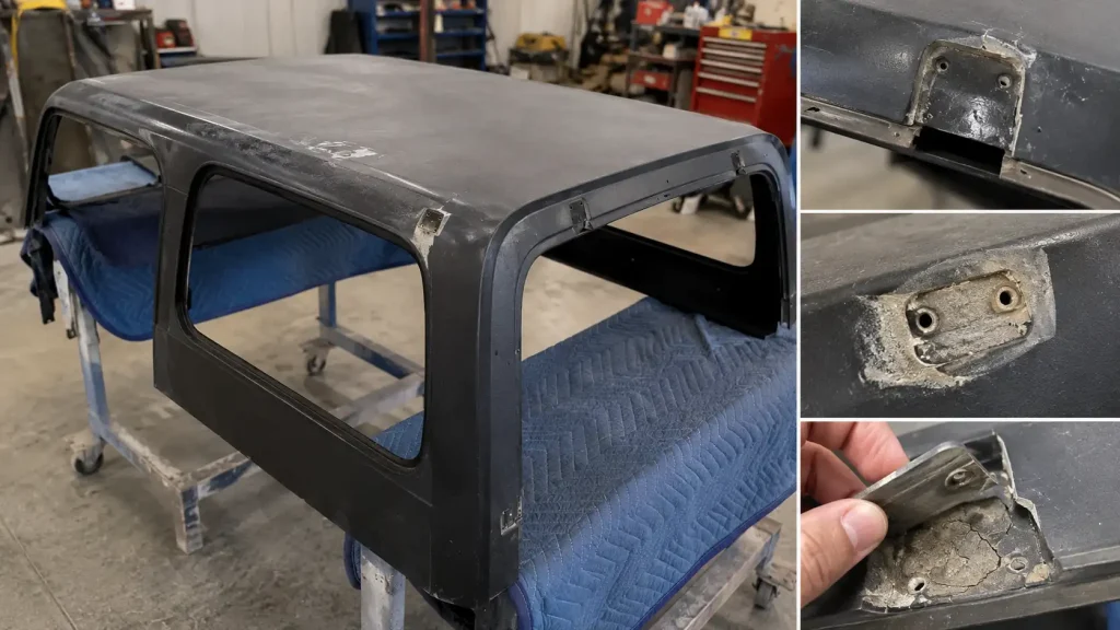 Workshop with vehicle hardtop and repairs