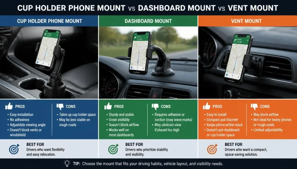 Cup Holder Phone Mount vs Dashboard Mount vs Vent Mount