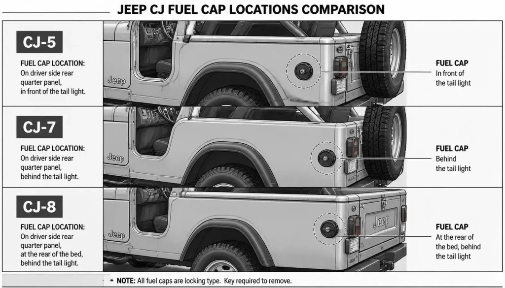 Jeep CJ-5 vs CJ-7 vs CJ-8 Fuel Cap Location