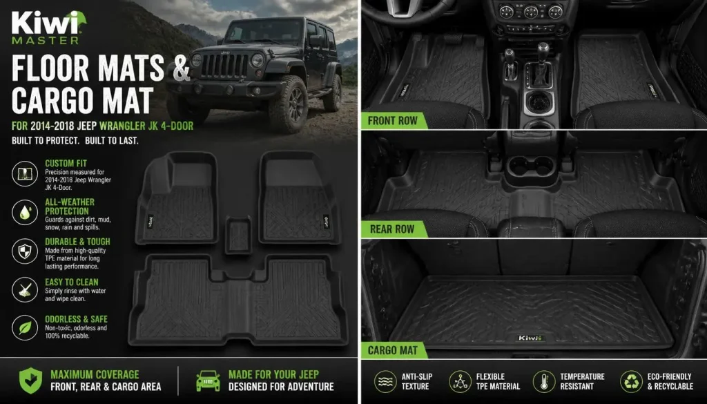 Kiwi Master Floor Mats & Cargo Mat for 2014-2018 Jeep Wrangler JK 4-Door